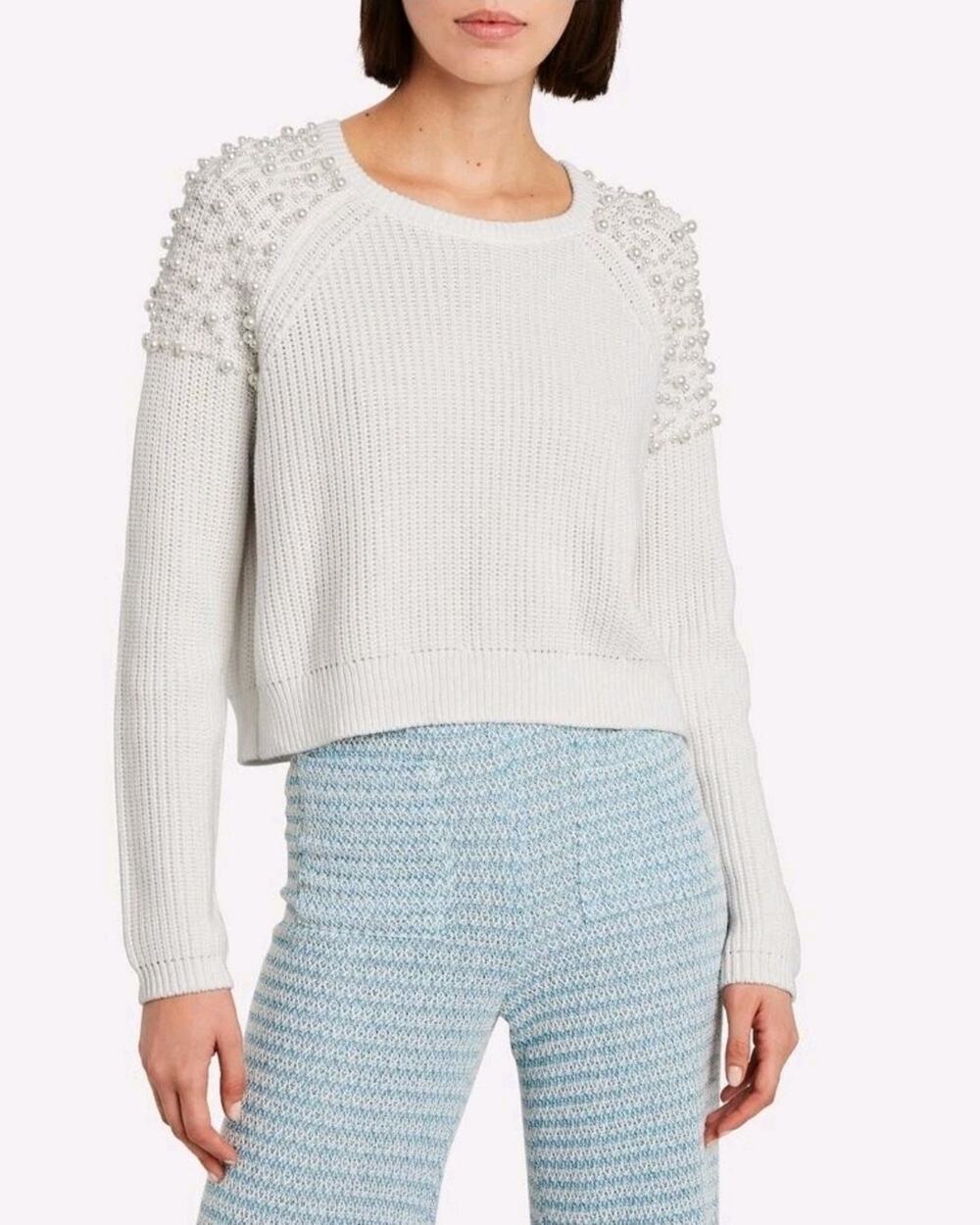 Michelle Mason White Pearl Embellished Long Sleeve Cotton Knit Sweater Size P